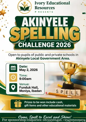 Official event flyer for the Akinyele Spelling Challenge 2026