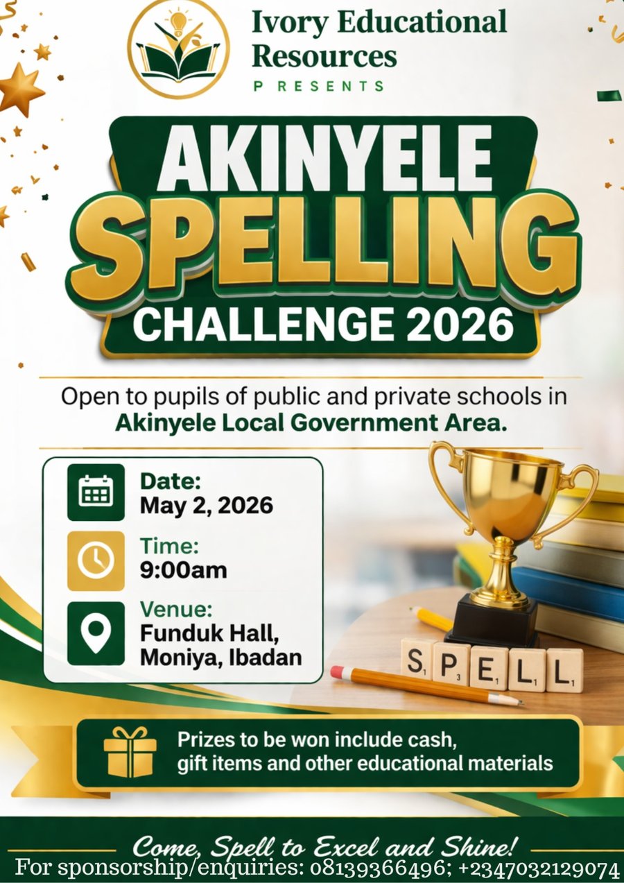 Official event flyer for the Akinyele Spelling Challenge 2026