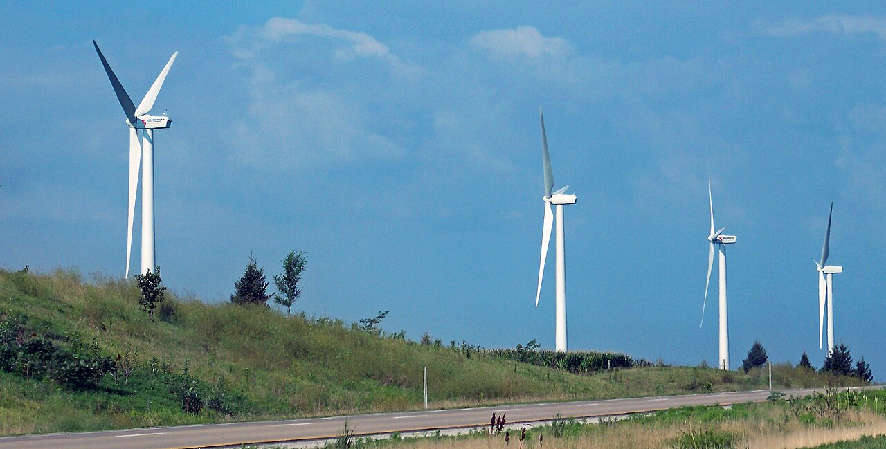 Rows of wind turbines at a wind farm